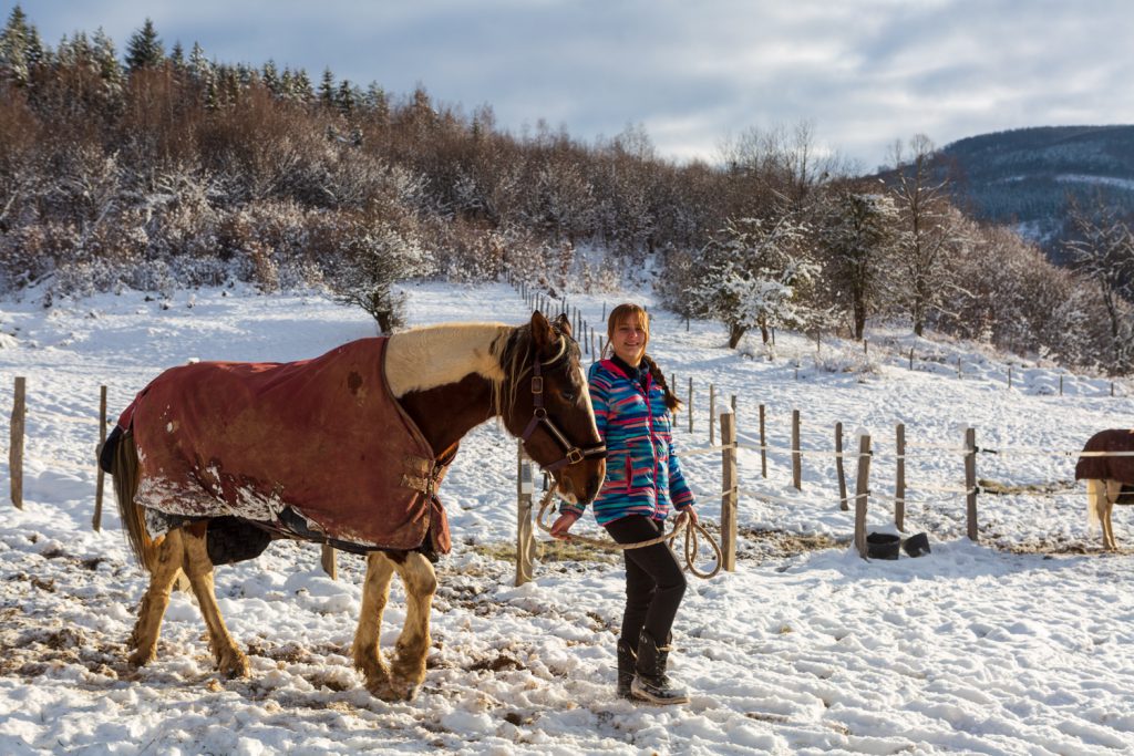 Meisje met paard in de sneeuw met bergen op de achtergrond