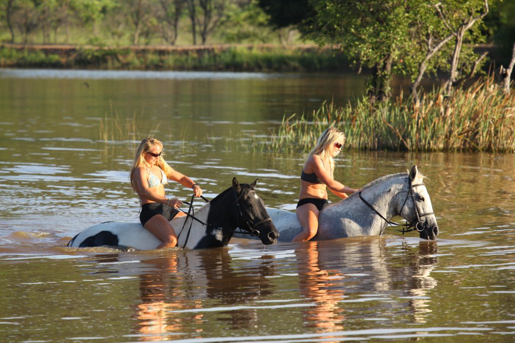 Twee ruiters zwemmen met hun paard in een meer