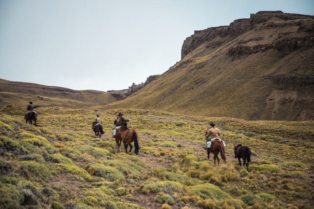 Groep ruiters en paarden tijdens trektocht in Patagonië