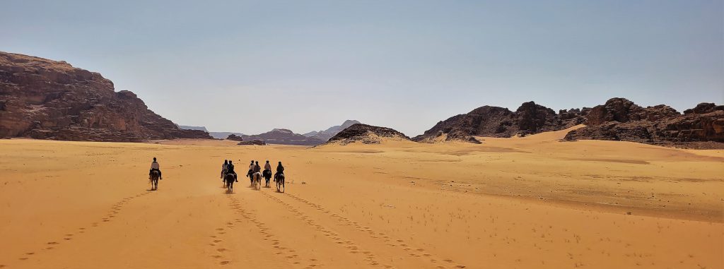 Groep ruiters en paarden tijdens een trektocht in de woestijn van Jordanië