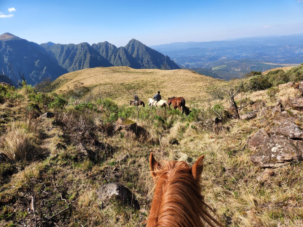 Uitzicht vanaf een paard op een twee ruiters en paarden in de bergen van Brazilië