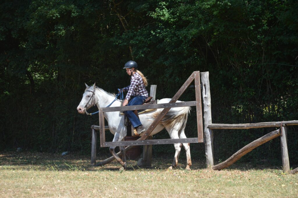 Ruiter opent een hek vanaf het paard tijdens een western trail parcours
