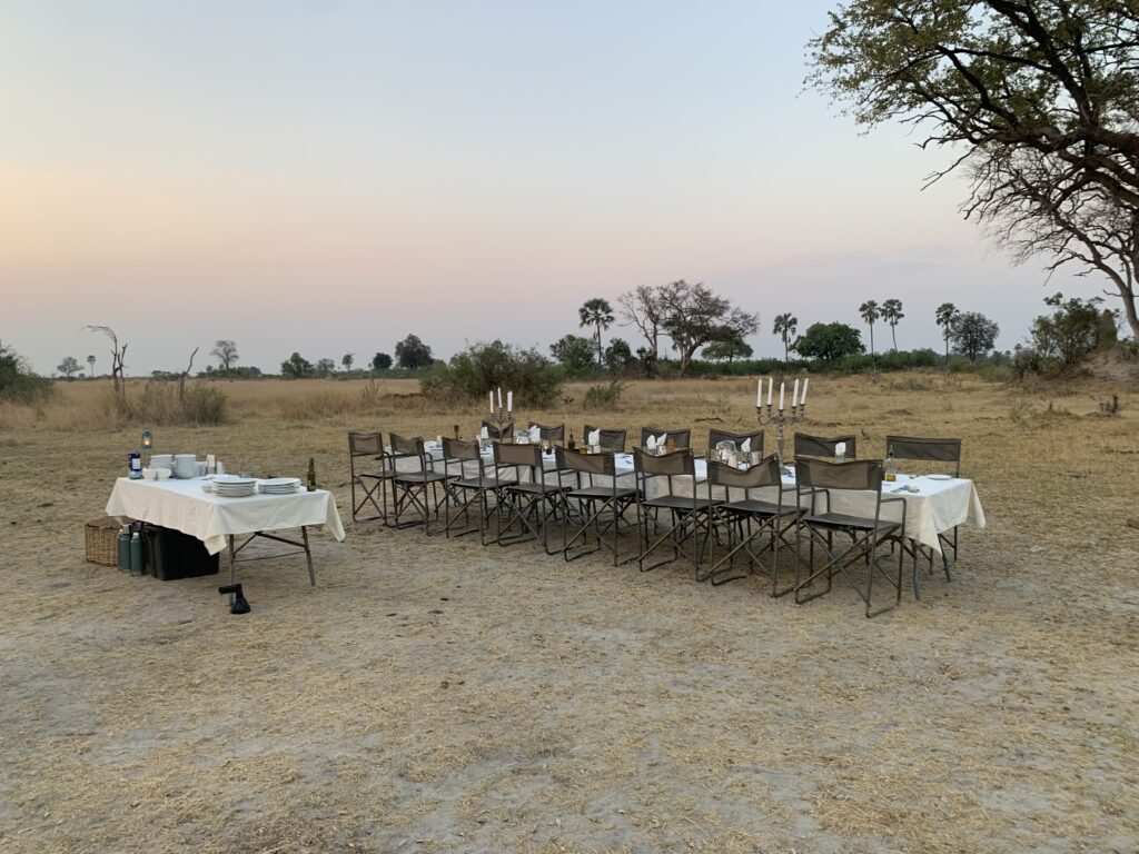 Gedekte diner tafel in de bush in de Okavango Delta in Botswana
