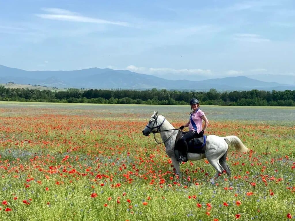 Ruiter en paard in een veld vol klaprozen tijdens een paardrijvakantie in Bulgarije.