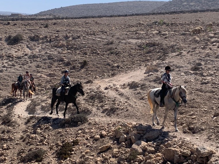 Ruiters en paarden rijden door de rotswoestijn van Marokko tijdens een trektocht.