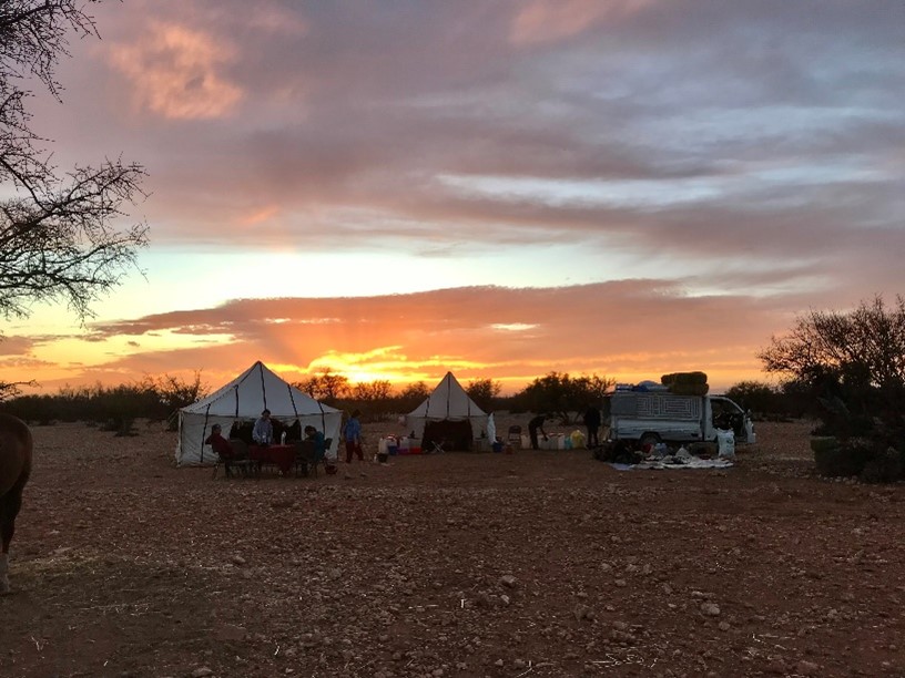 Tenten in Marokko bij zonsondergang tijdens een paardrijvakantie.