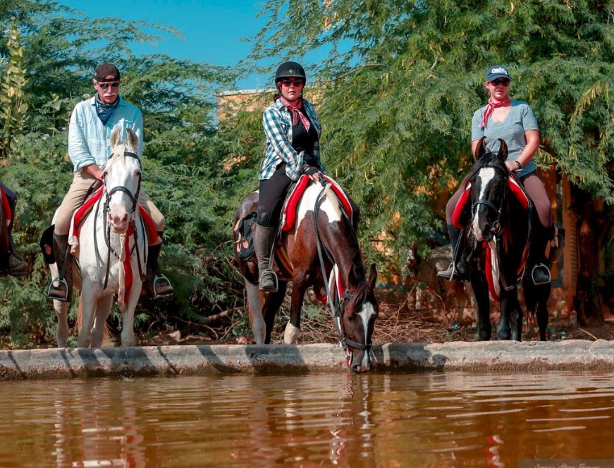 Drie ruiters laten hun paard drinken tijdens een paardrijvakantie in India.