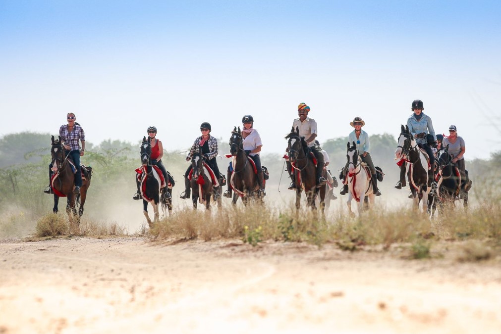 Groep ruiters en Marwari paarden tijdens een trektocht in India