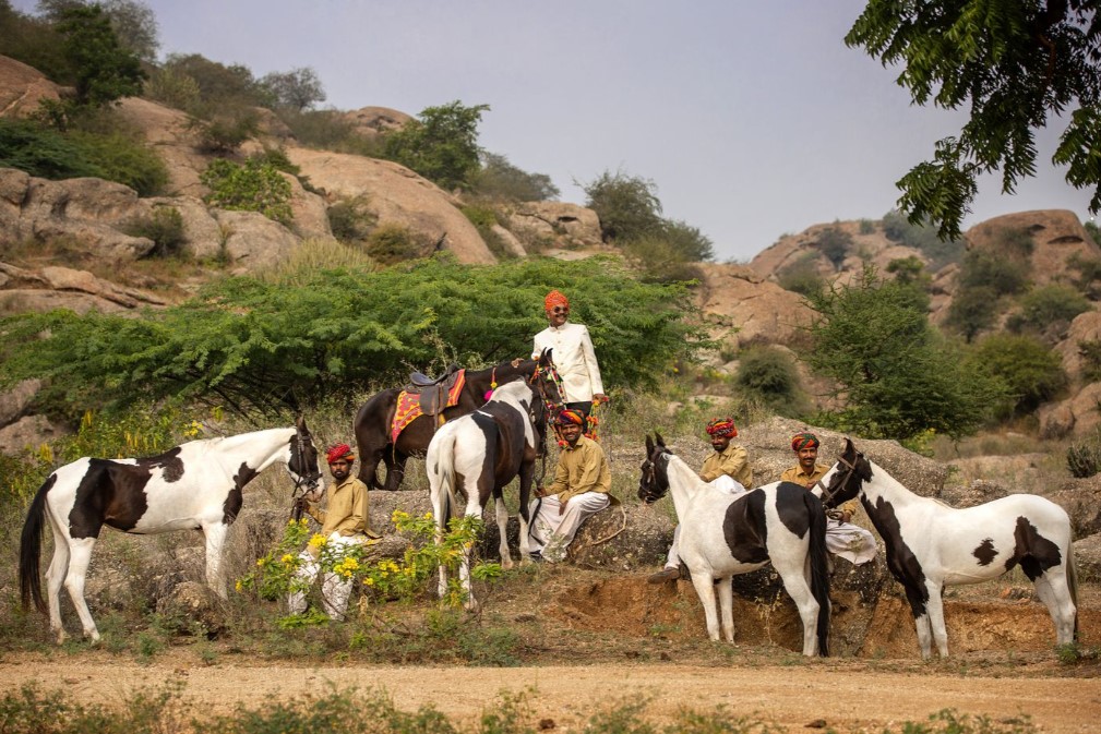 Mannen met bonte paarden tijdens een trektocht in India