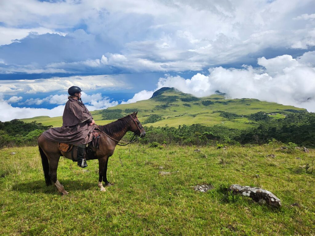 Ruiter en paard kijken uit over een berg in Brazilië