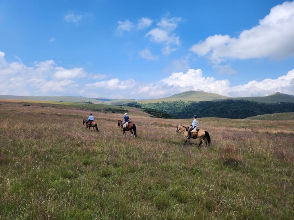 Ruiters en paarden in de heuvels tijdens een trektocht door Brazilië