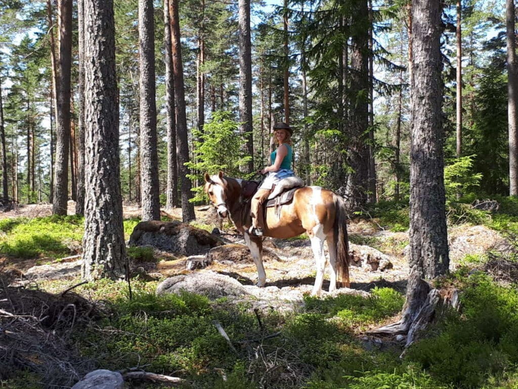 Ruiter en paard in de bossen van Zweden tijdens een ranchvakantie.
