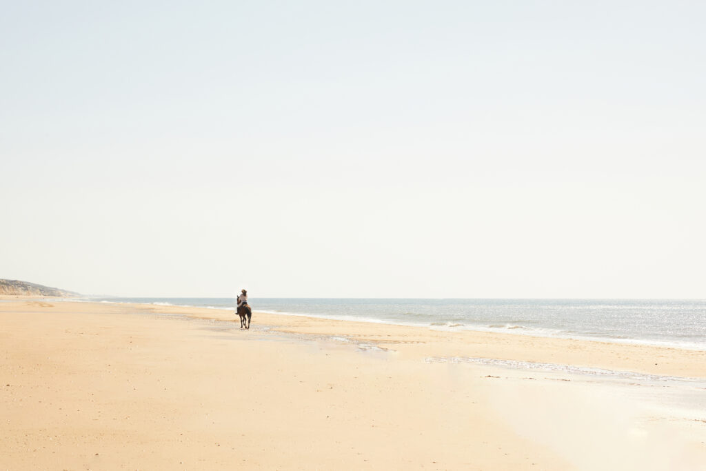 Ruiter en paard op een verlaten strand in Spanje