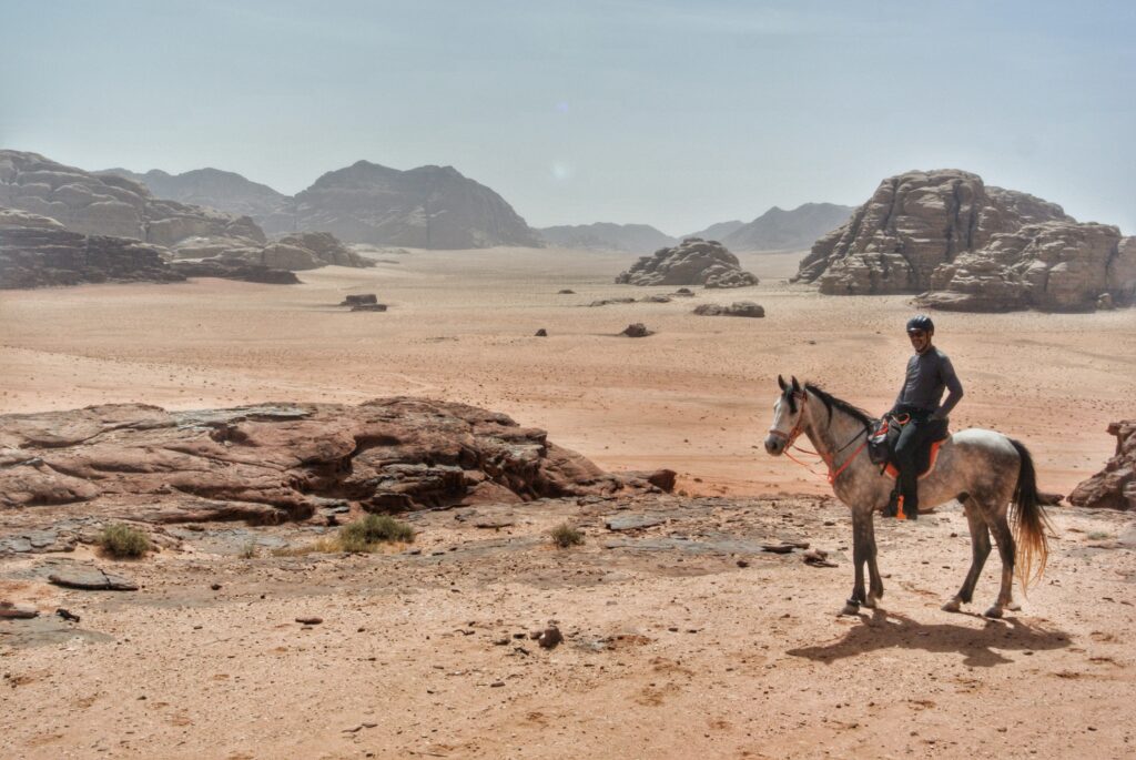 Ruiter en paard in de woestijn van Jordanië