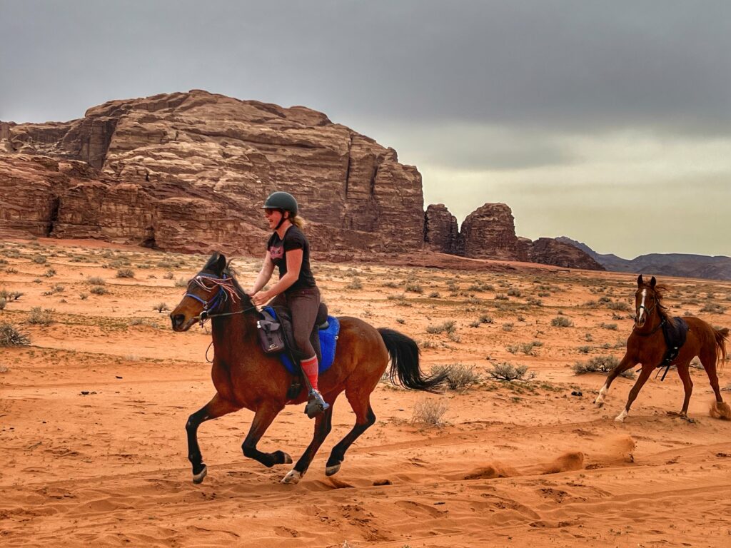 Ruiters galopperen door de woestijn van Jordanië op Arabische paarden.