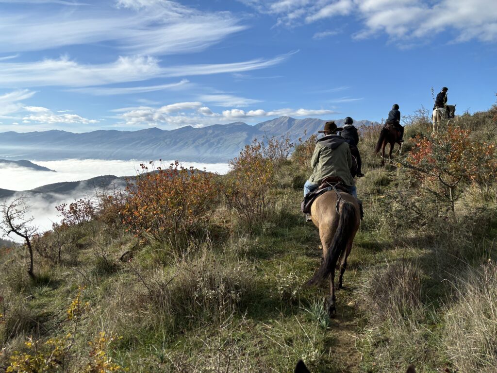 Ruiters en paarden tijdens een trektocht door de bergen in Albanië