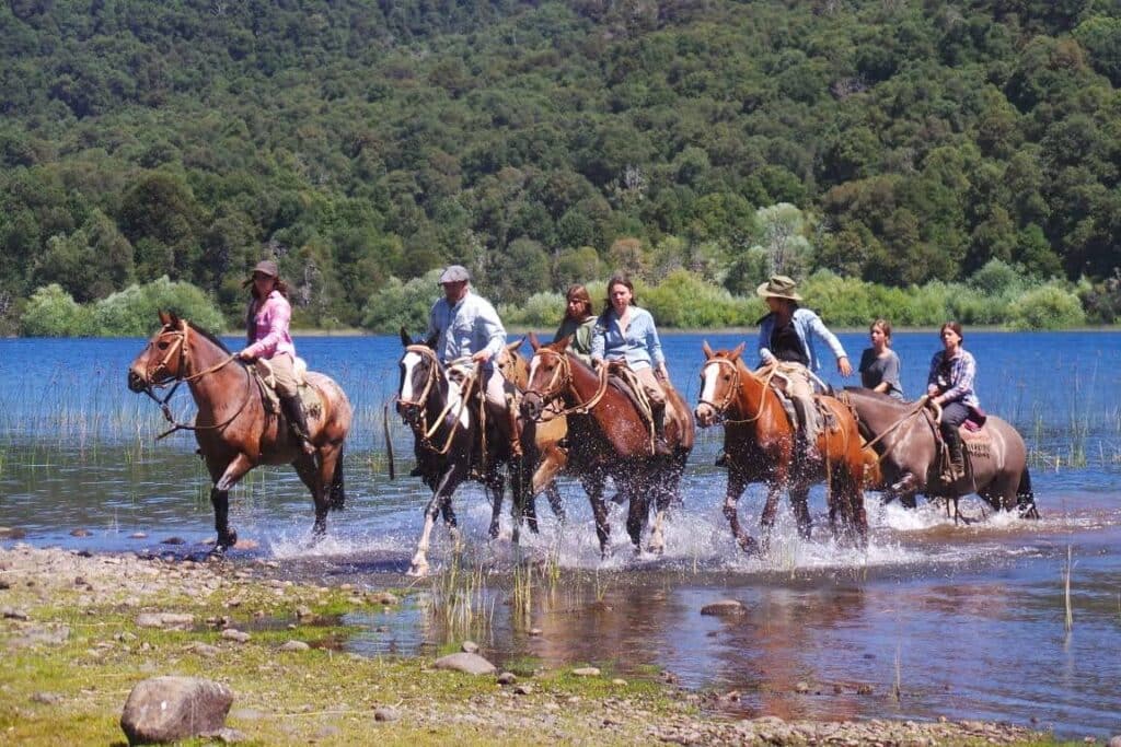 Groep ruiters en paarden steken een rivier over in Patagonië Argentinië