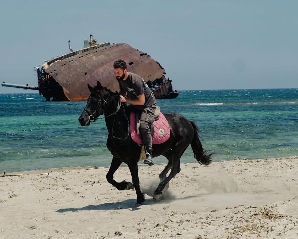 Ruiter en paard galopperen op het strand van Tunesië